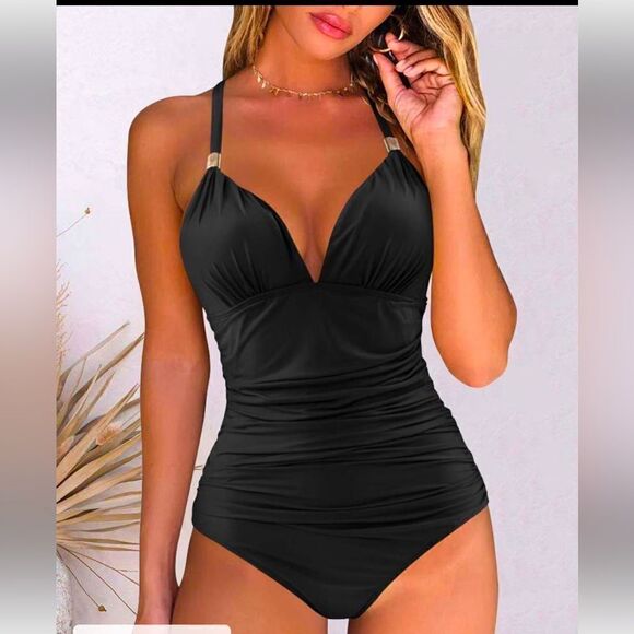 1-Black Halter Backless Ruched One Piece Swimsuit. - Picture 1 of 6